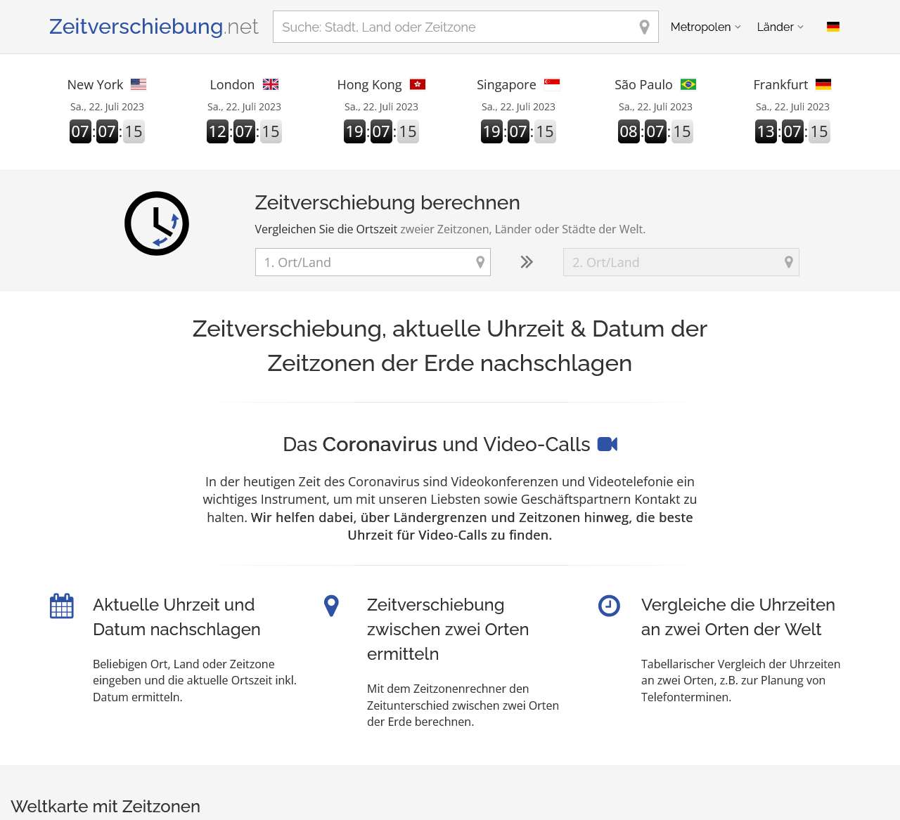 Zeitzonenrechner: Zeitverschiebung (Uhrzeit in Zeitzonen) online berechnen