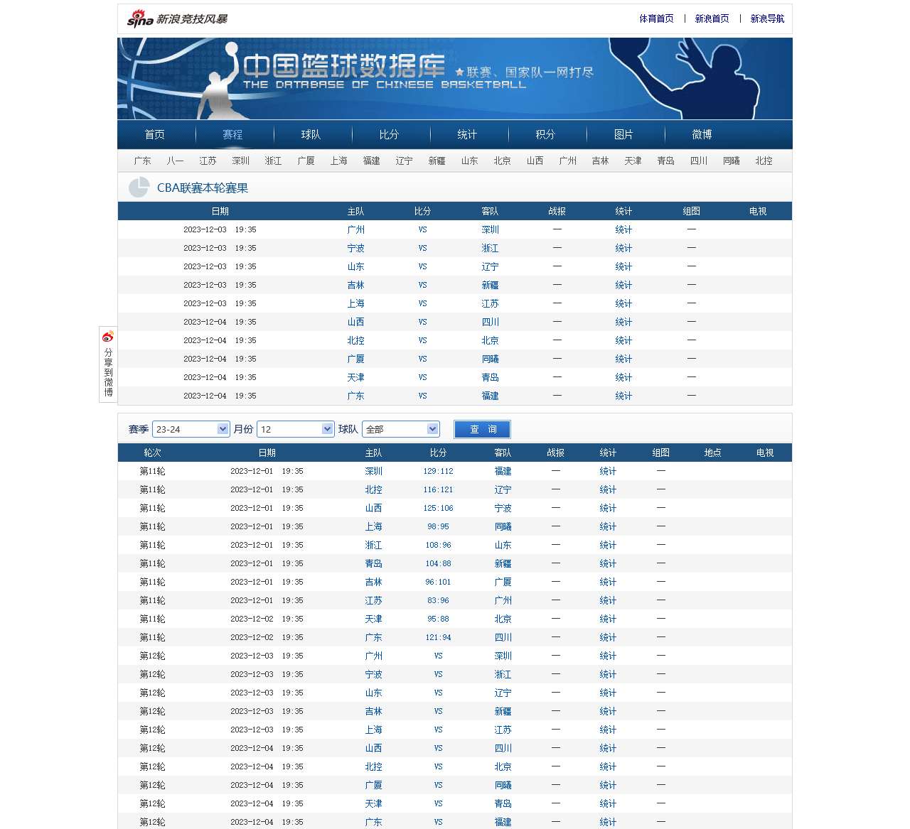 CBA联赛赛程赛果_中国篮球数据库_篮球-CBA_新浪体育_新浪网