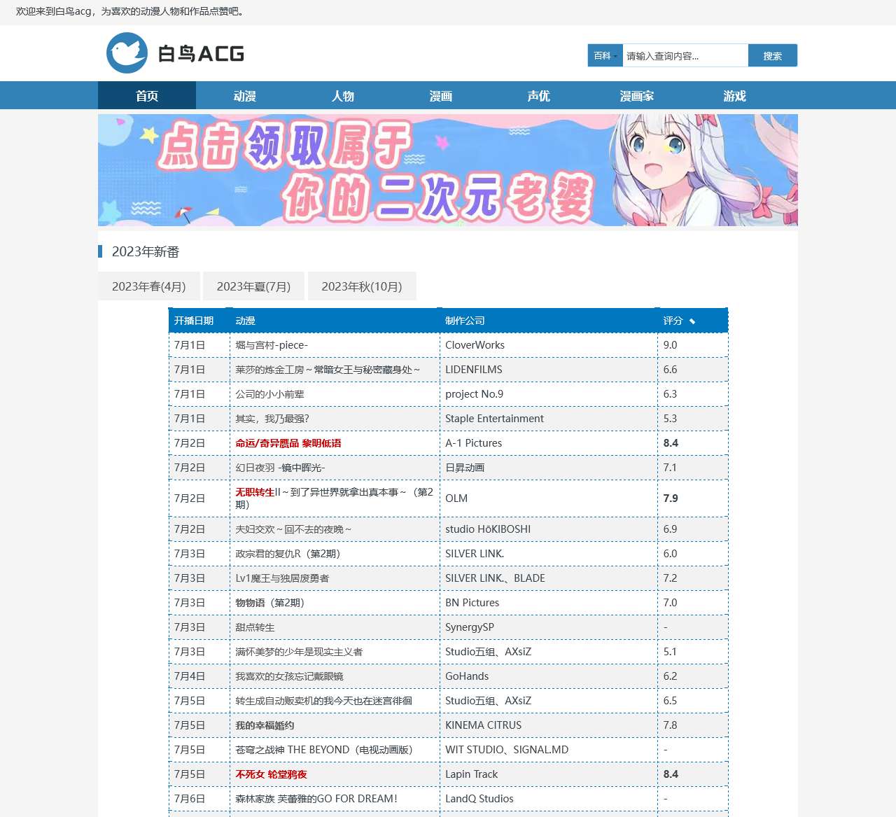 二次元动漫百科 - 白鸟ACG